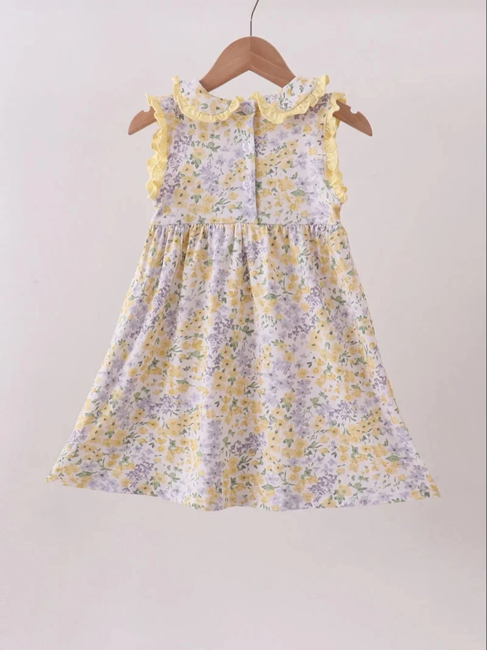 NWT- ABBY & EVIE EMBROIDERED BUNNIES Yellow Floral Ruffle Collar Kids Dress